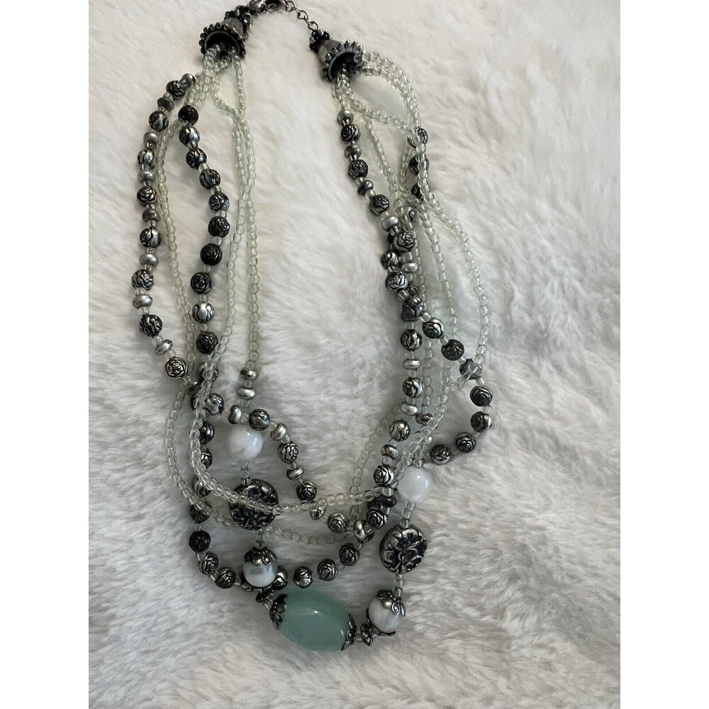 Premier Designs Mint Green Antiqued Silver Tone Beaded Necklace 16"